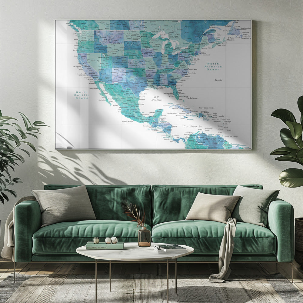 Aqua map of the United States and the Caribbean sea Poster