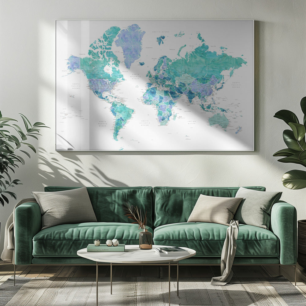 Detailed world map with cities, Caribbean waters Poster