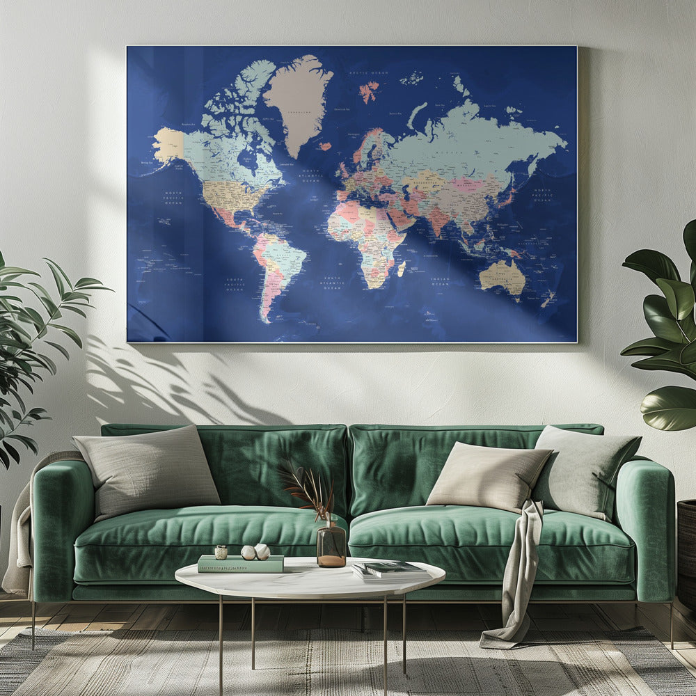 Detailed world map with cities, Powa Poster