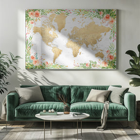 Floral bohemian world map with cities, Blythe Poster