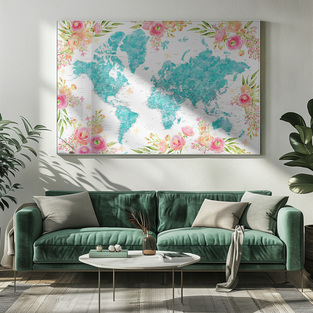 Detailed floral world map with cities, Haven Poster