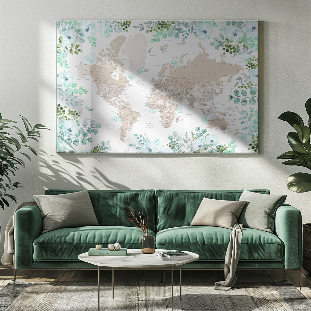 Detailed floral world map with cities, Leanne Poster