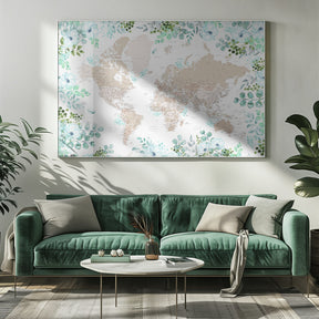 Detailed floral world map with cities, Leanne Poster