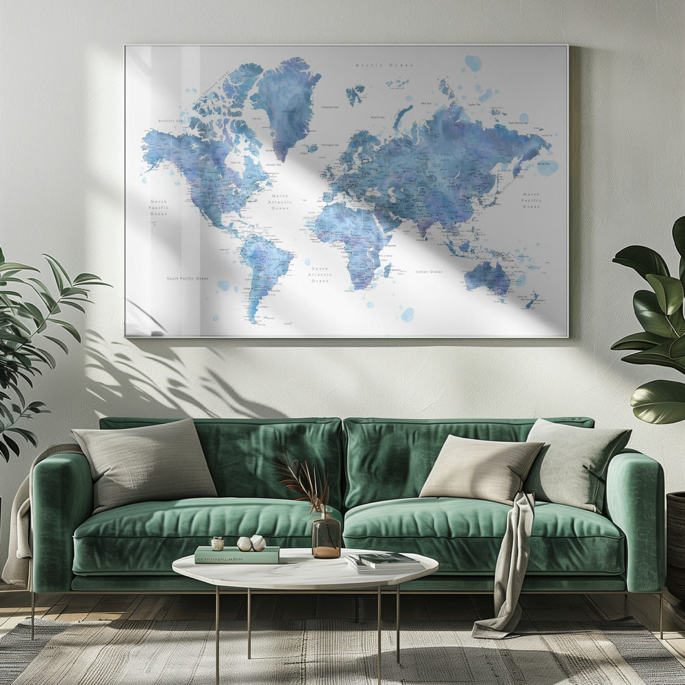 Blue watercolor world map with cities, Simeon Poster