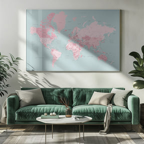 Pink and aqua world map with cities, Isobel Poster