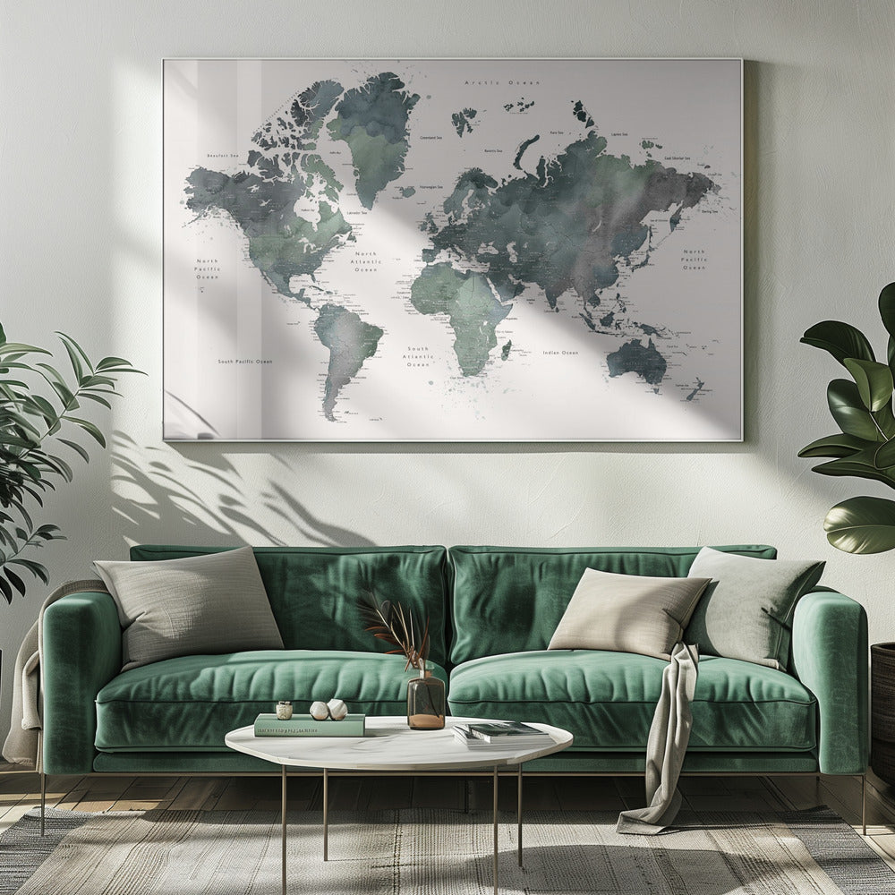 Watercolor world map with cities, Makoa Poster