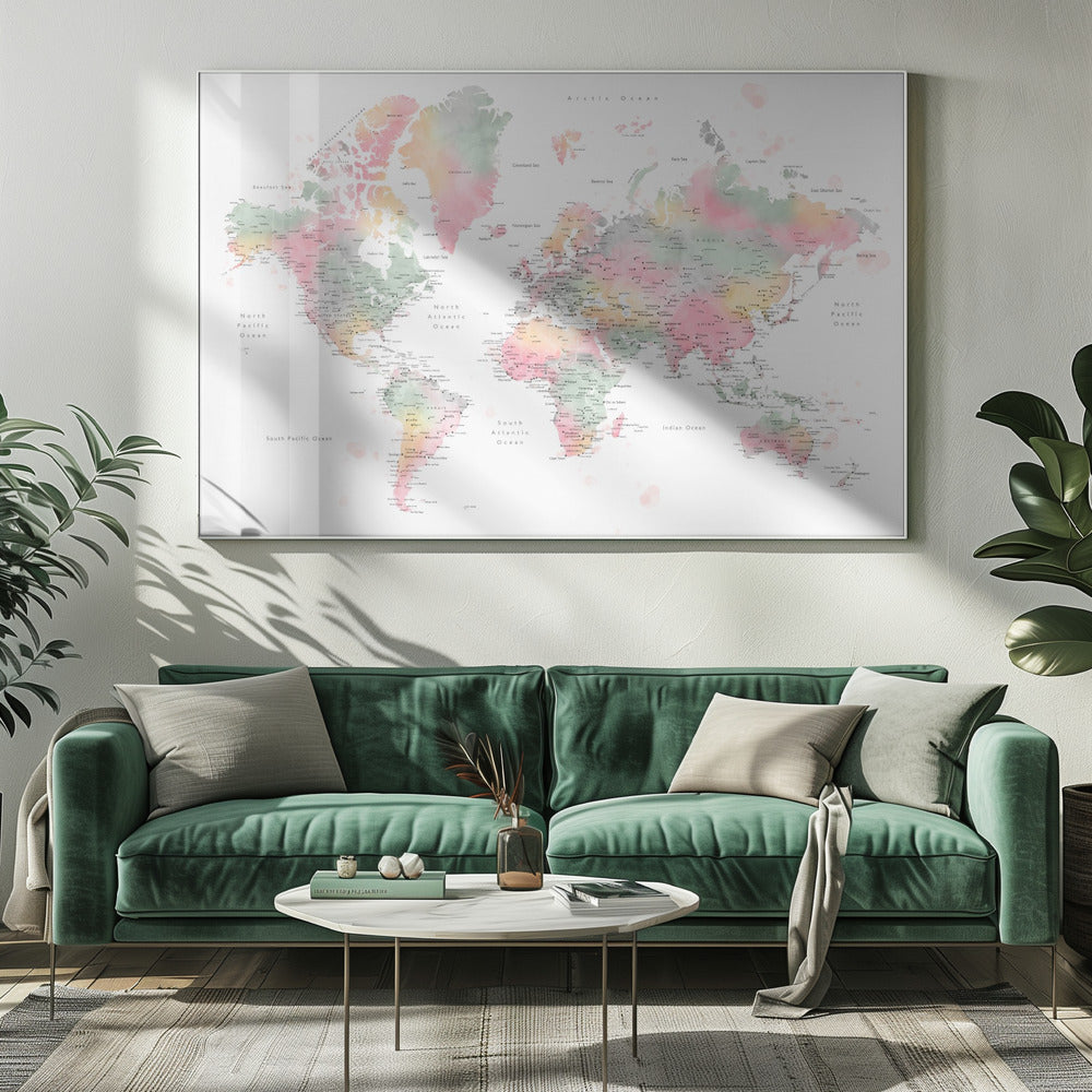 Pastel watercolor world map with cities, Anjah Poster