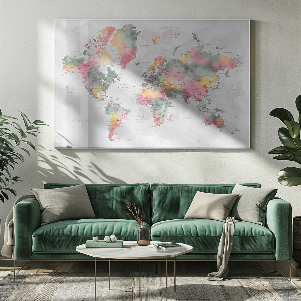 Watercolor world map with cities, Zadie Poster