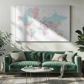 Distressed pastels world map with cities, Carmen Poster