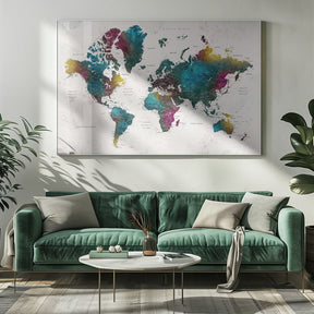 Watercolor world map with cities, Charleena Poster