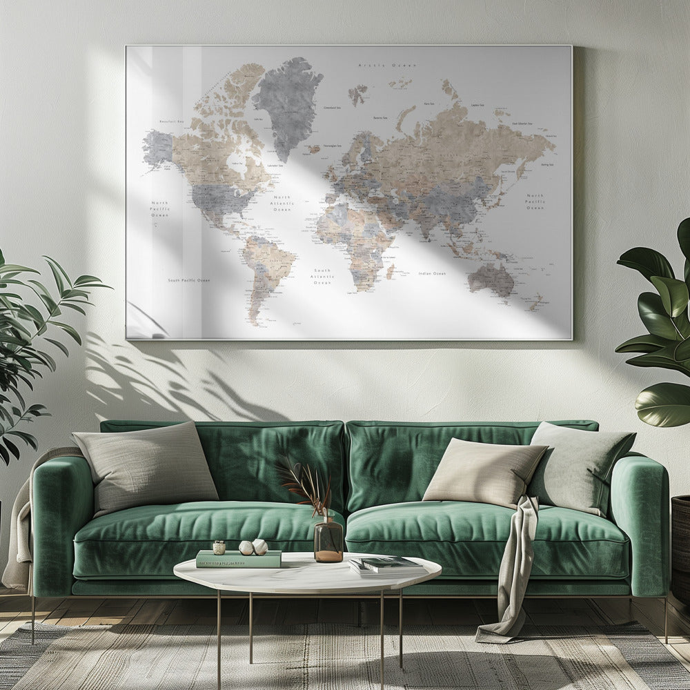 Watercolor world map with cities, Gouri Poster