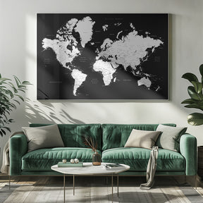 Black and white world map with cities, Connie Poster