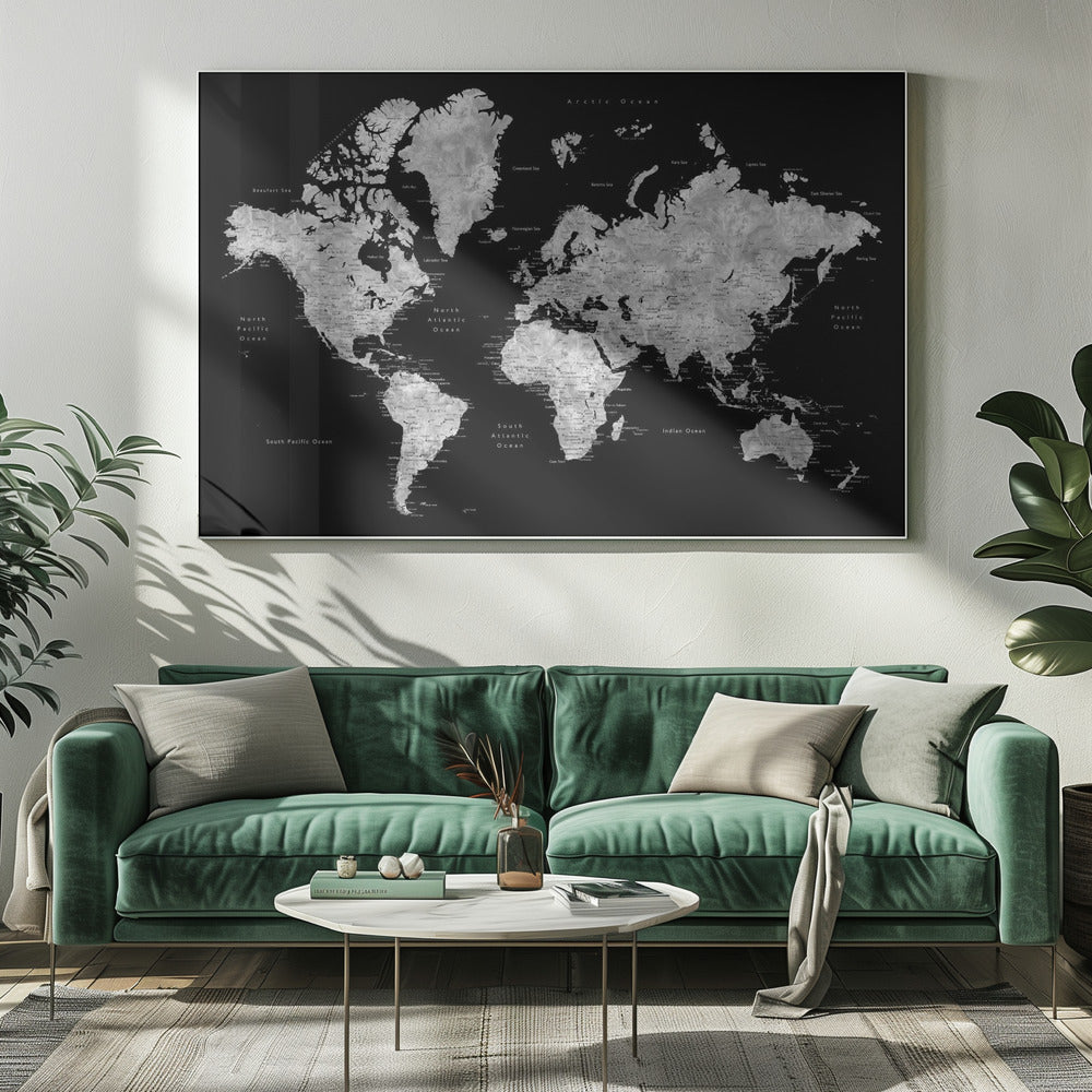 Gray world map with cities, Baibah Poster