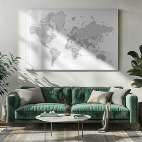 Gray world map with cities, Chas Poster