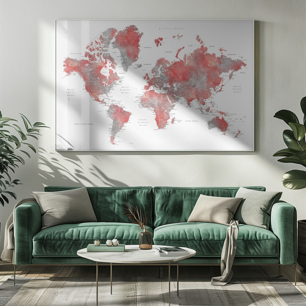 Red world map with cities, Lyssah Poster