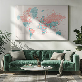 Watercolor world map with cities, Charlotte Poster