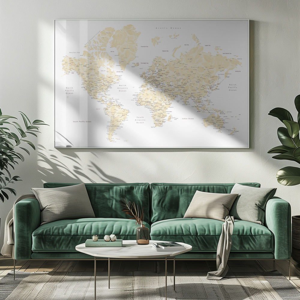 Soft florals world map with cities, Remy Poster