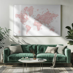 Pink watercolor world map with cities, Alheli Poster