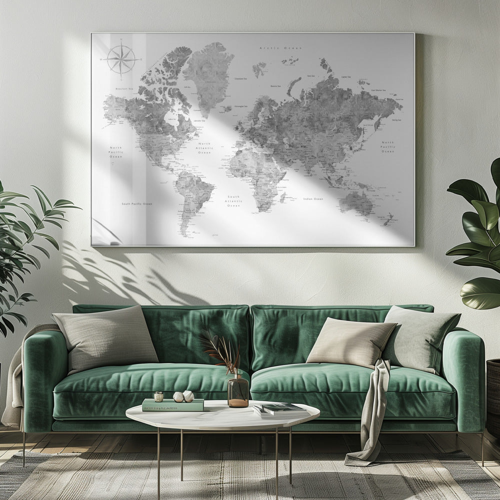 Grayscale watercolor world map with cities, Rylan Poster