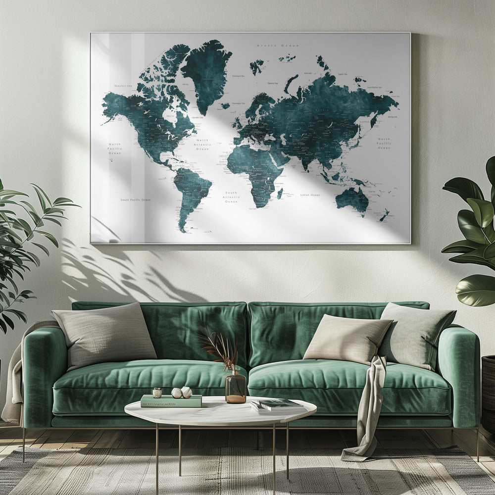 Dark teal world map with cities, Makani Poster