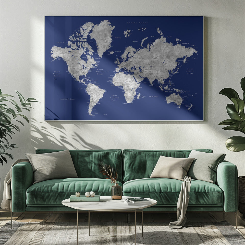 Watercolor world map with cities, Kawena Poster