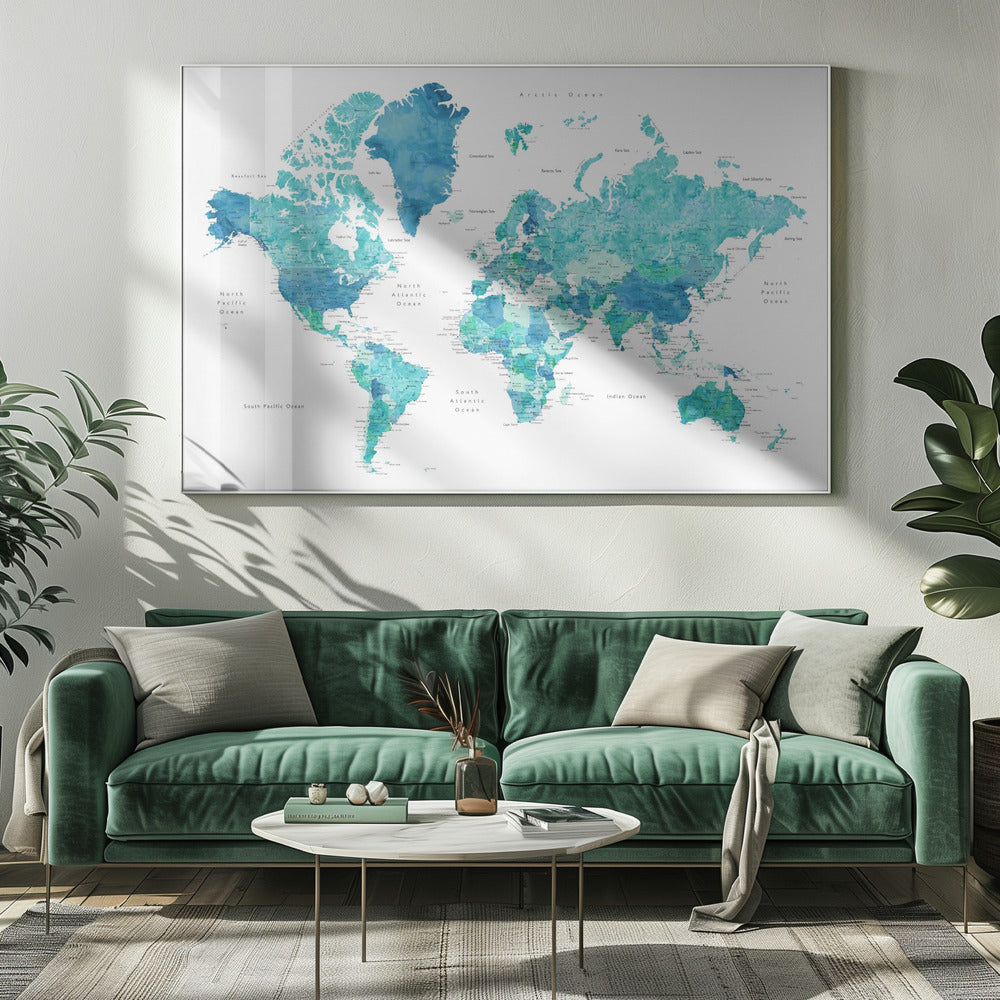 Watercolor world map with cities, Uzziel Poster