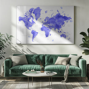 Watercolor world map with cities, Uyen Poster