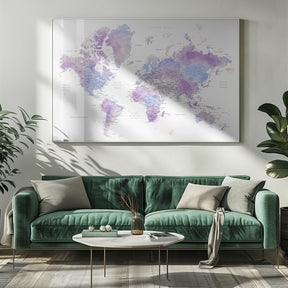 Watercolor world map with cities, Gina Poster