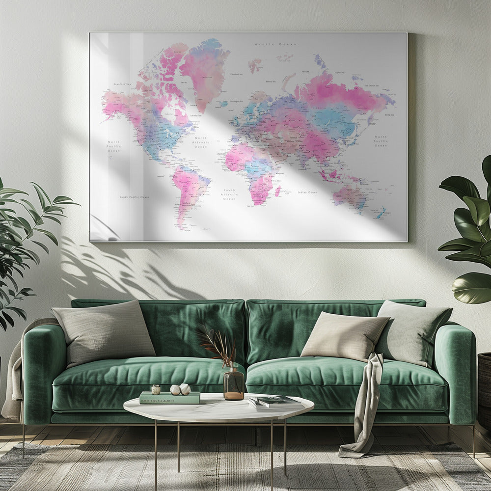 Watercolor world map with cities, Keahi Poster