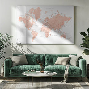 Rose gold world map with cities, Hadi Poster