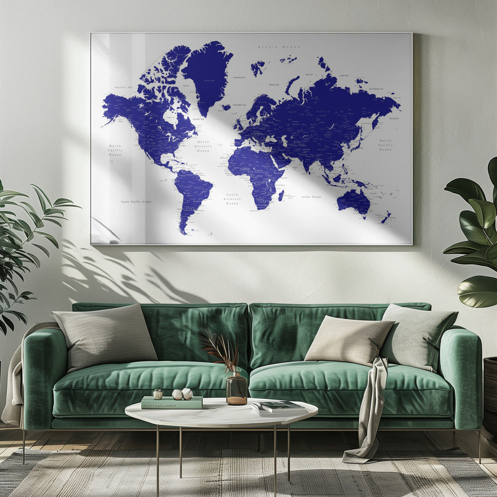 Navy blue world map with cities, Nevin Poster