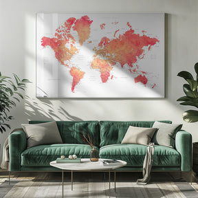 Watercolor world map with cities, Keats Poster