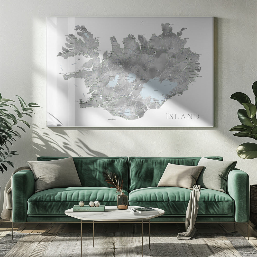 Island - Iceland map in gray watercolor with native labels Poster