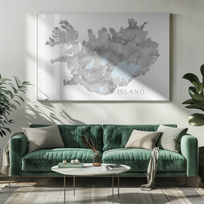 Ísland - Iceland blank map in gray watercolor Poster