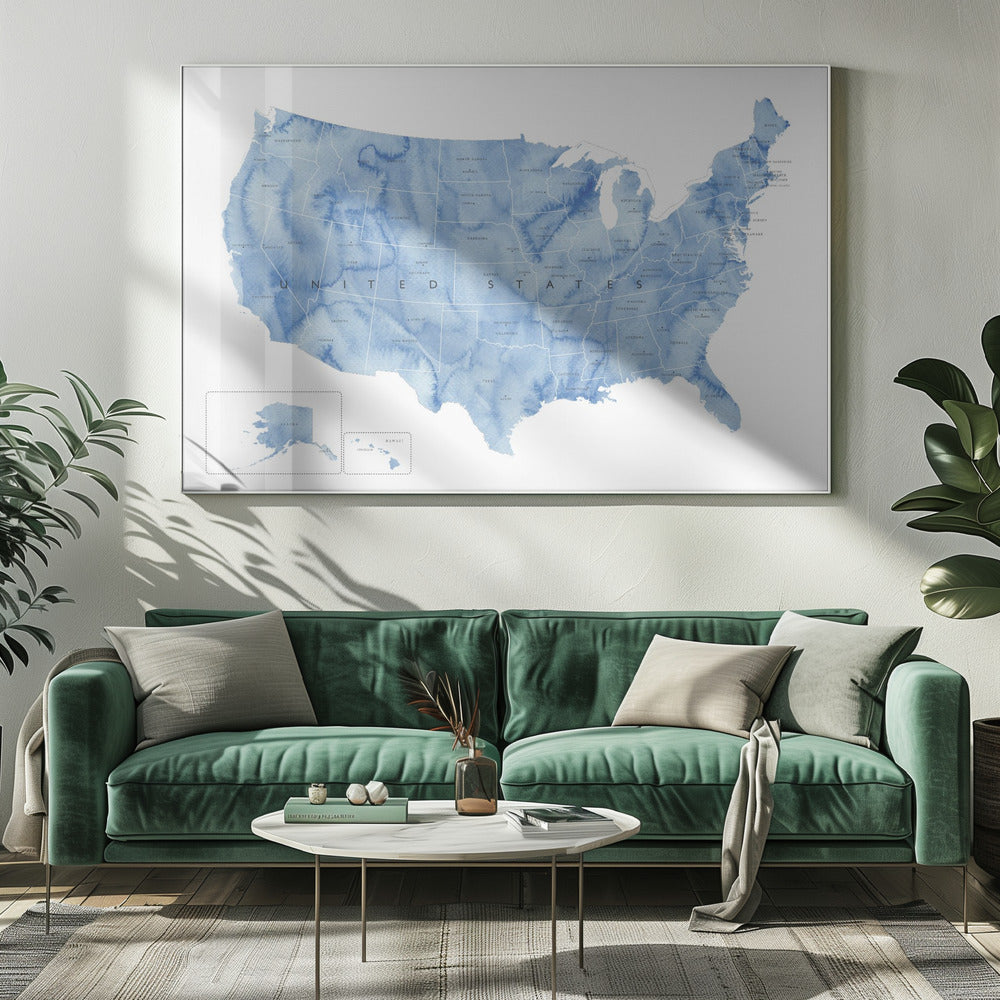 Blue watercolor map of the USA with states and state capitals Poster