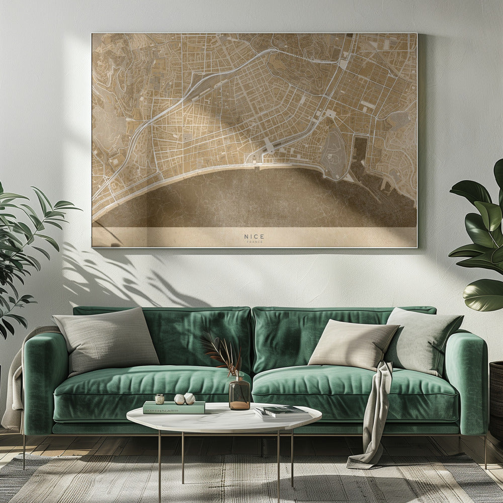 Sepia vintage map of Nice downtown France Poster