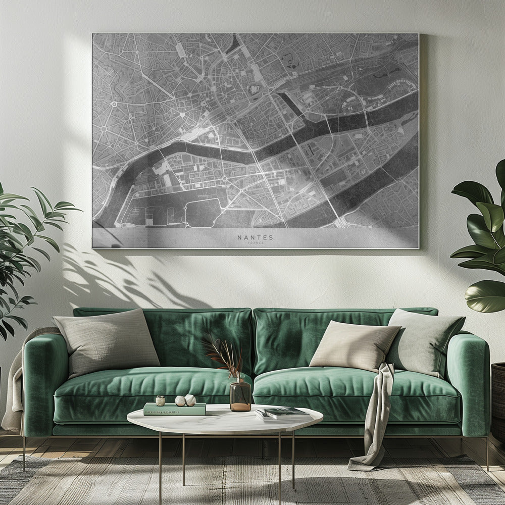 Gray vintage map of Nantes downtown France Poster