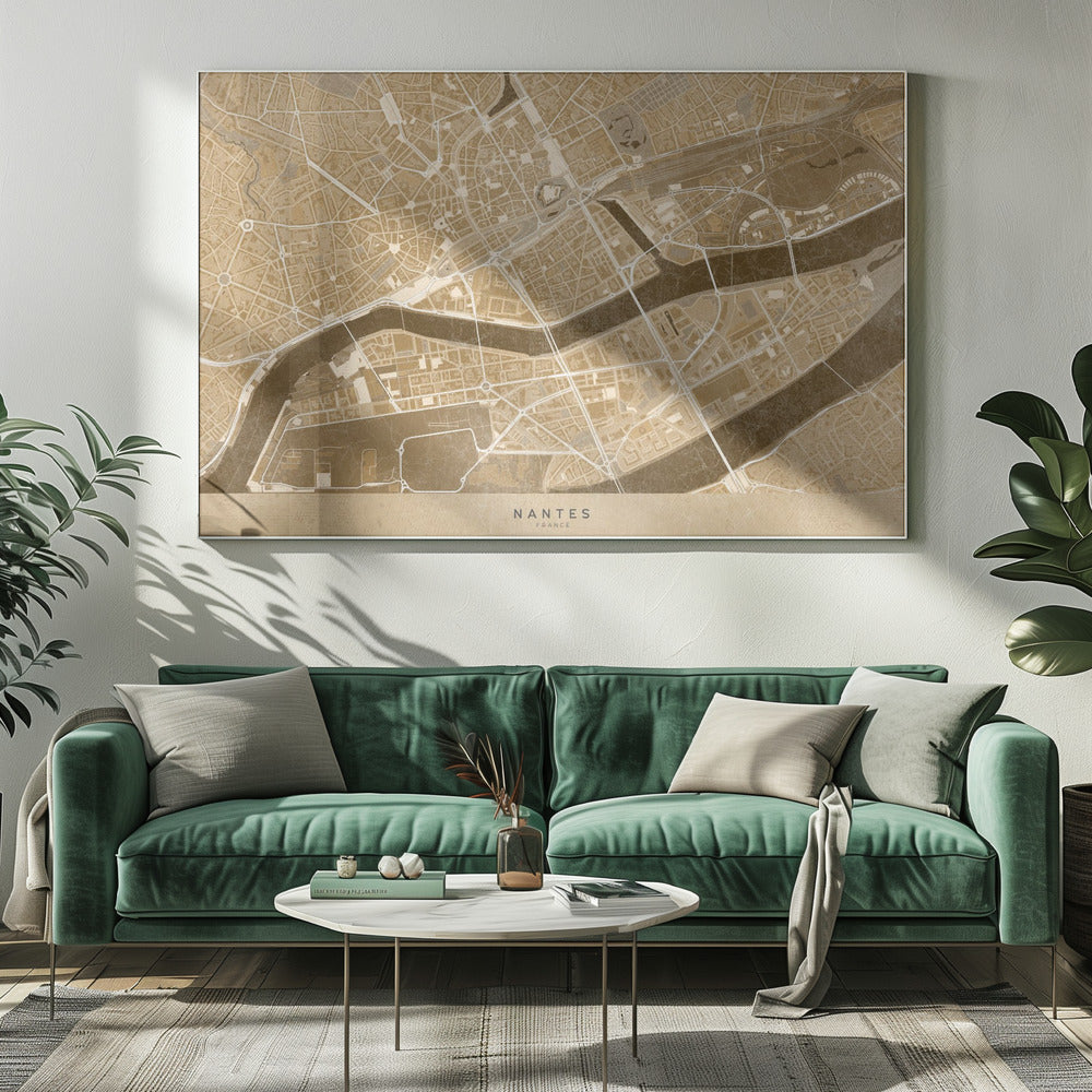 Sepia vintage map of Nantes downtown France Poster