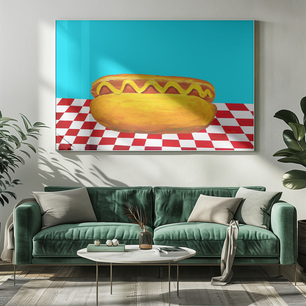 Hot Dog With Mustard Red Check Blue Poster