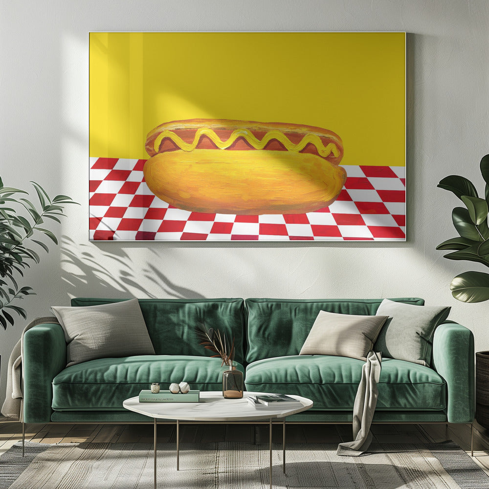 Hot Dog With Mustard Red Check Yellow Poster