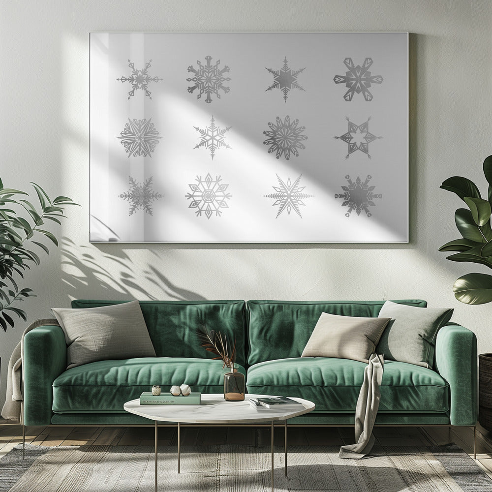 Twelve geometric snowflakes in gray Poster