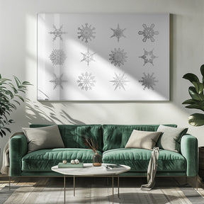 Twelve geometric snowflakes in gray Poster