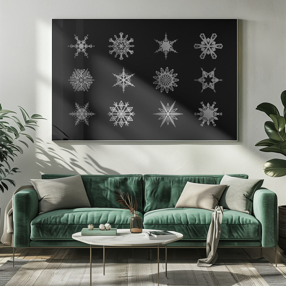 Twelve geometric snowflakes in black Poster