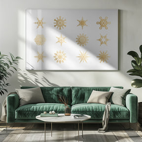 Twelve geometric snowflakes in gold Poster