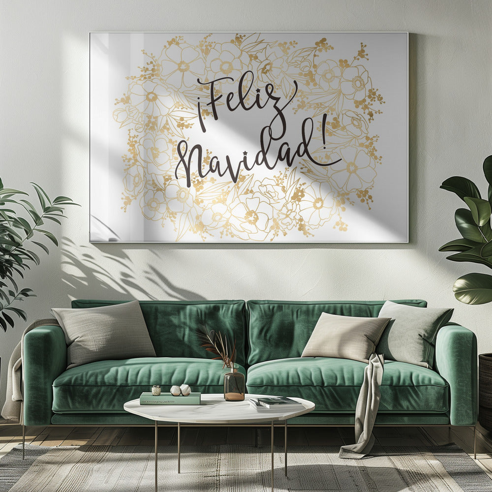 Feliz Navidad with golden flowers Poster