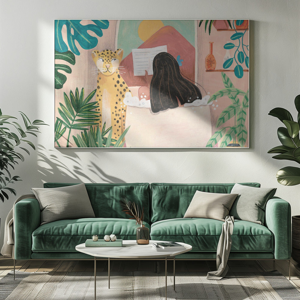 Woman taking bath in pink tropical bathroom Poster