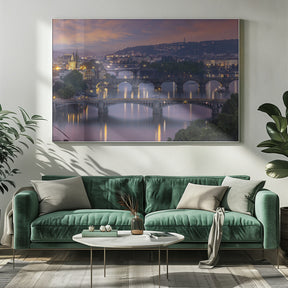 Evening view over the Vltava bridges in Prague Poster