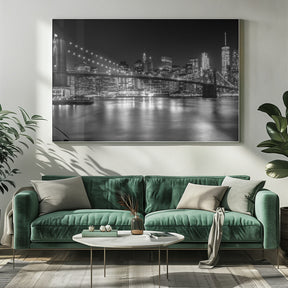 MANHATTAN SKYLINE &amp; BROOKLYN BRIDGE Idyllic Nightscape - Monochrome Panoramic Poster