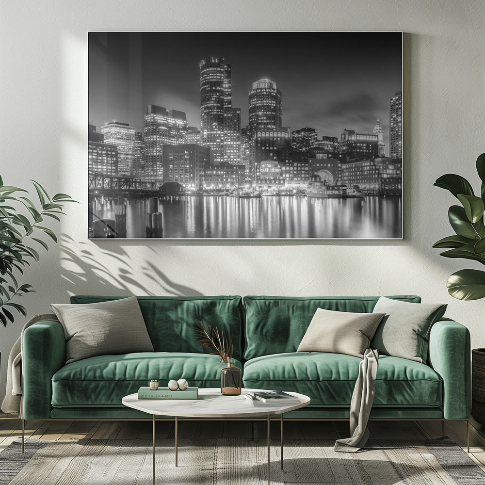 BOSTON Fan Pier Park &amp; Skyline in the evening - Monochrome Panoramic Poster