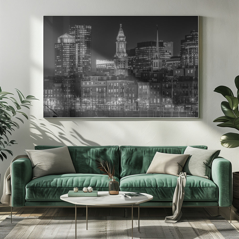 BOSTON Monochrome evening skyline of North End &amp; Financial District Poster